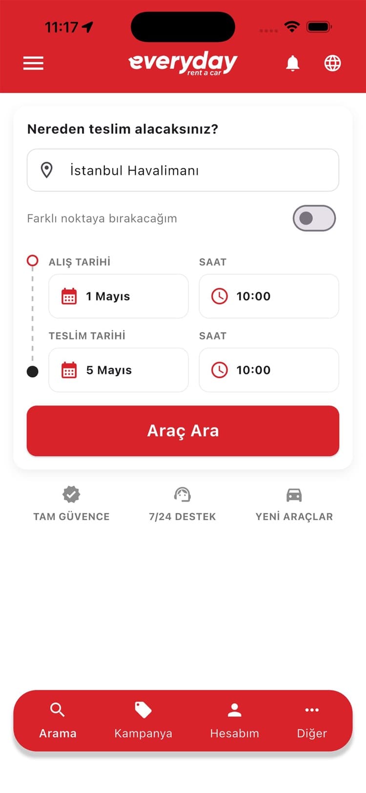 Everyday Rent A Car mobil uygulama ekranı
